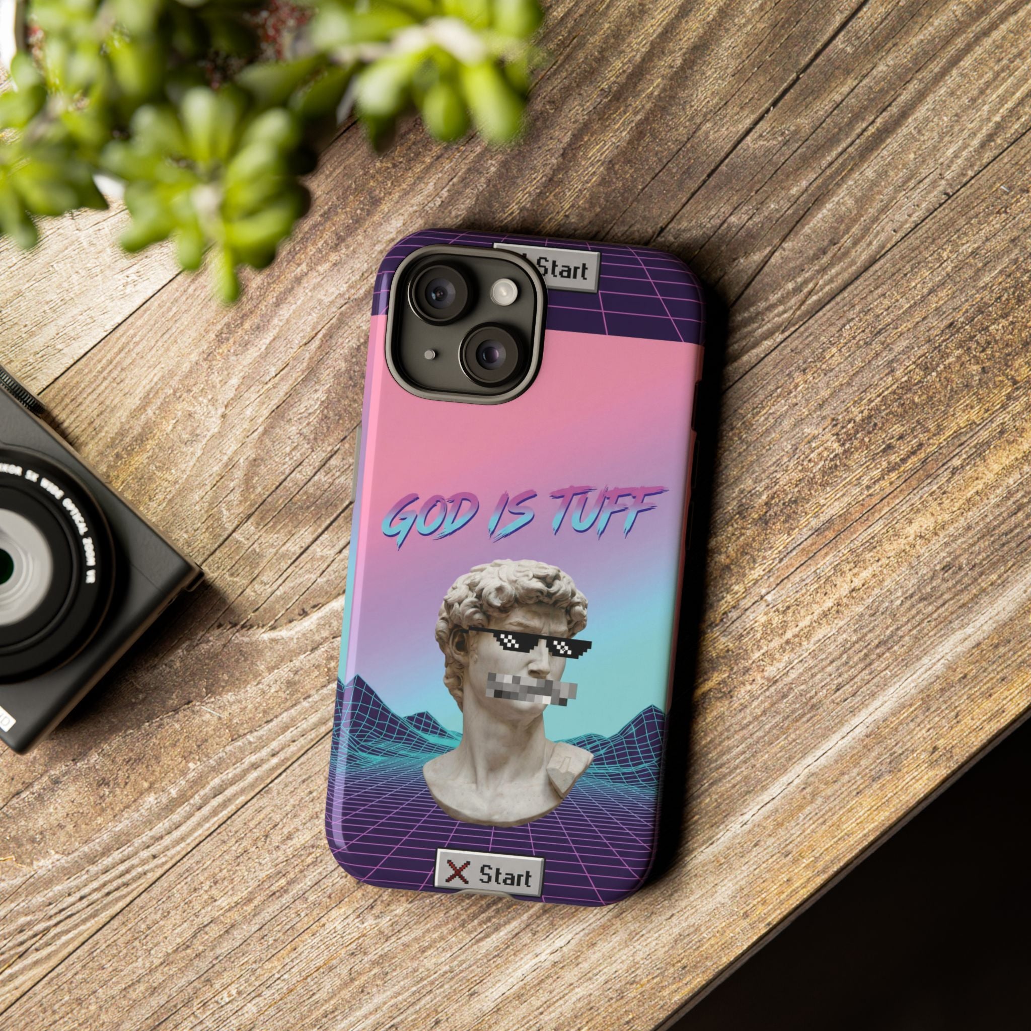 God is Tuff" Vaporwave Christian Phone Case | Aesthetic Statue with Pixel Shades, Retro 80s 90s Synthwave Grid, Gen Z Faith Gift