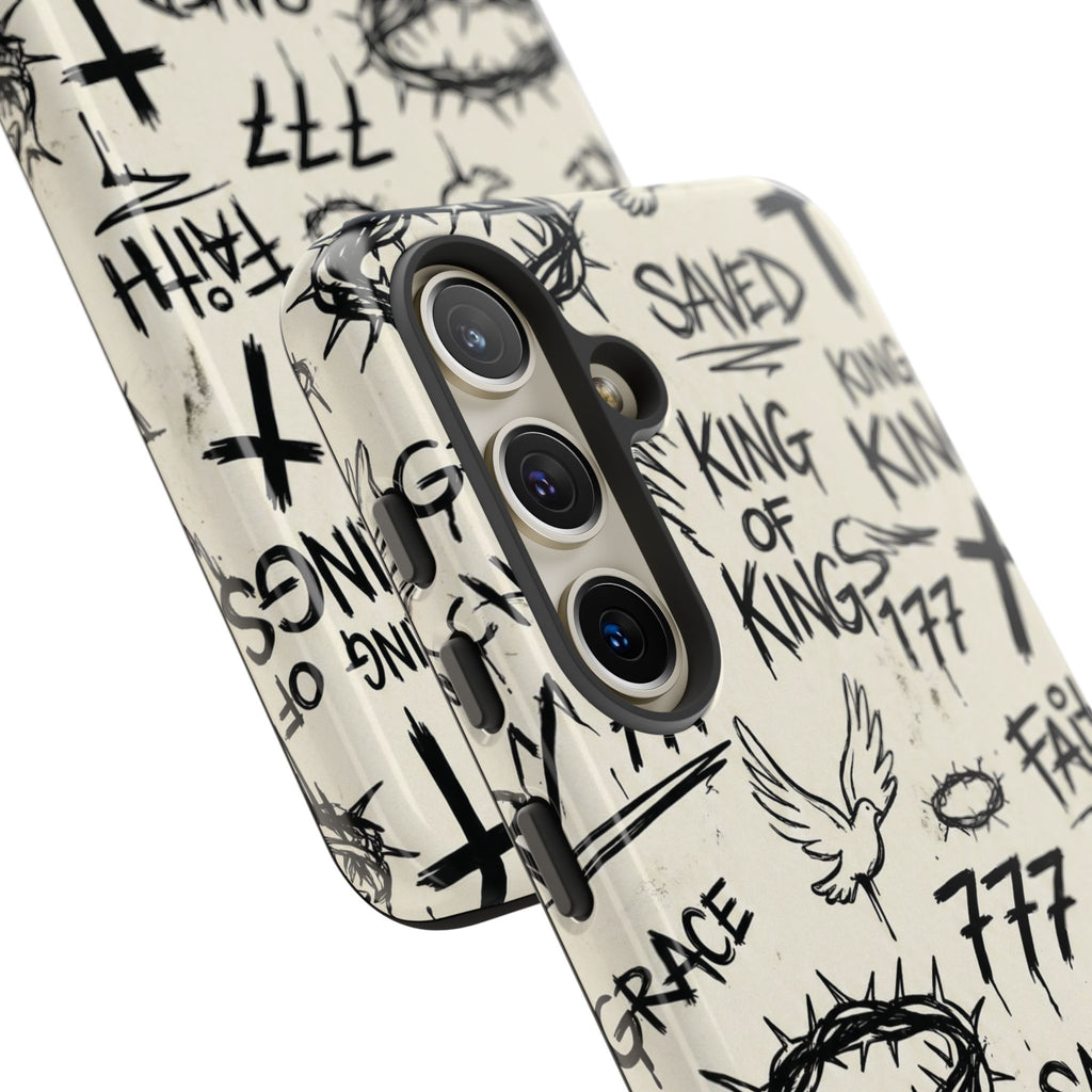 Christian Graffiti Phone Case | "Saved" & "King of Kings" Doodle Art, Urban Streetwear Faith Cover, Modern Religious Sketch Design