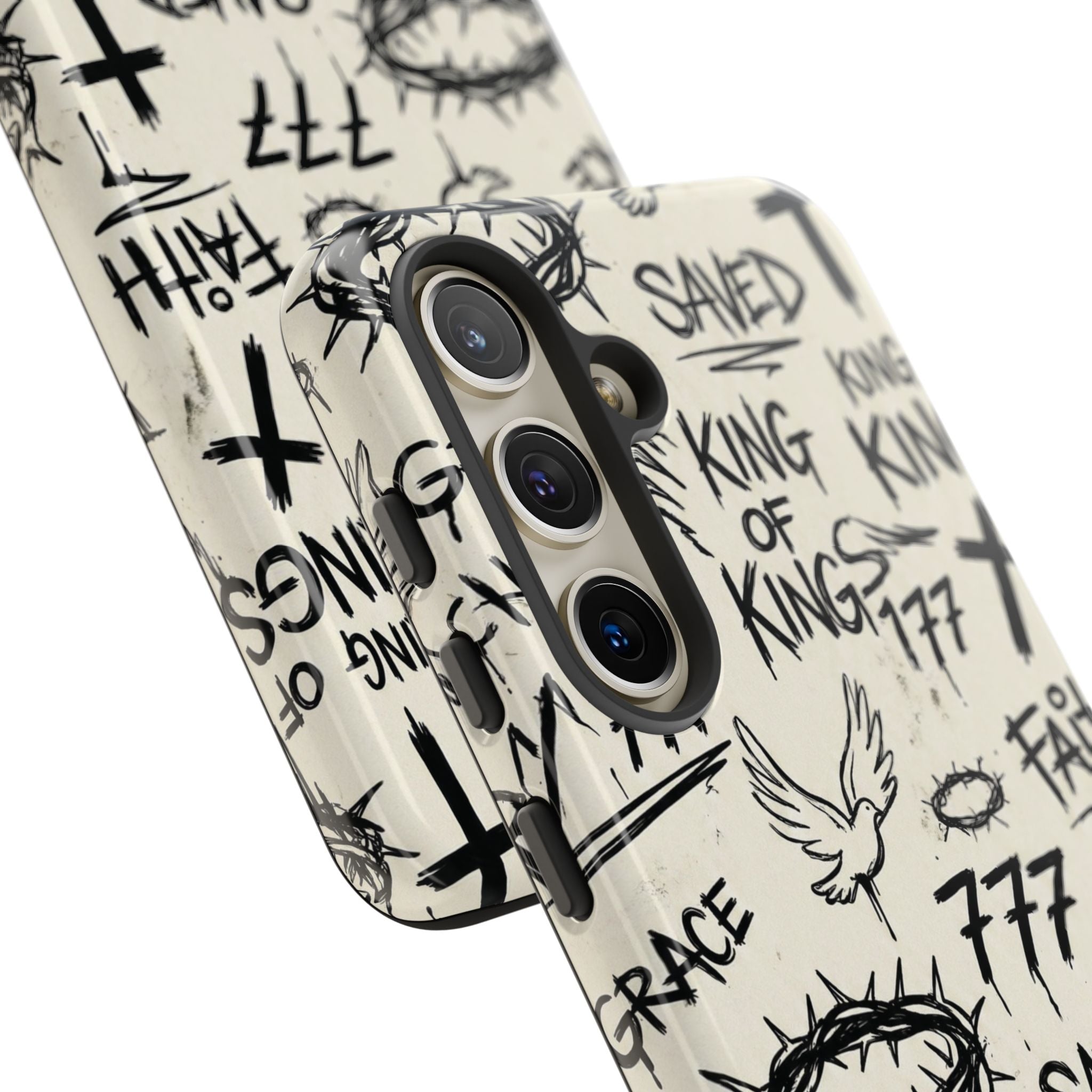 Christian Graffiti Phone Case | "Saved" & "King of Kings" Doodle Art, Urban Streetwear Faith Cover, Modern Religious Sketch Design