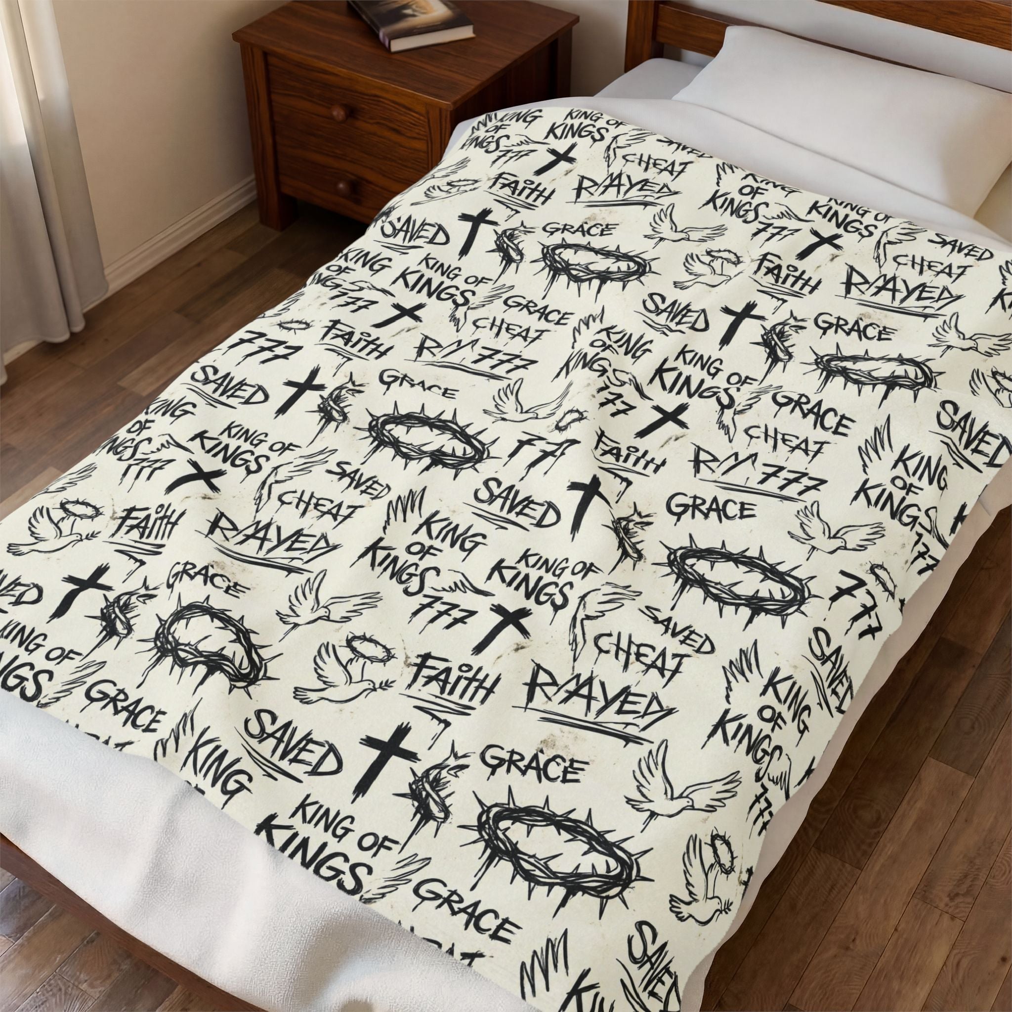 Christian Graffiti Blanket, Faith Word Throw Blanket, Black White Velveteen Plush Blanket, Christian Room Decor, Saved Grace King of Kings