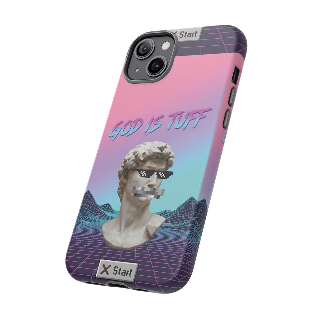 God is Tuff" Vaporwave Christian Phone Case | Aesthetic Statue with Pixel Shades, Retro 80s 90s Synthwave Grid, Gen Z Faith Gift
