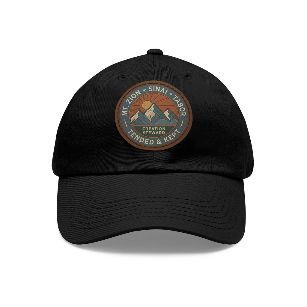 Leather Patch Dad Hat, Christian Mountain Cap, Genesis 2 15 Tended and Kept, Creation Care Outdoor Hat, Gift For Him