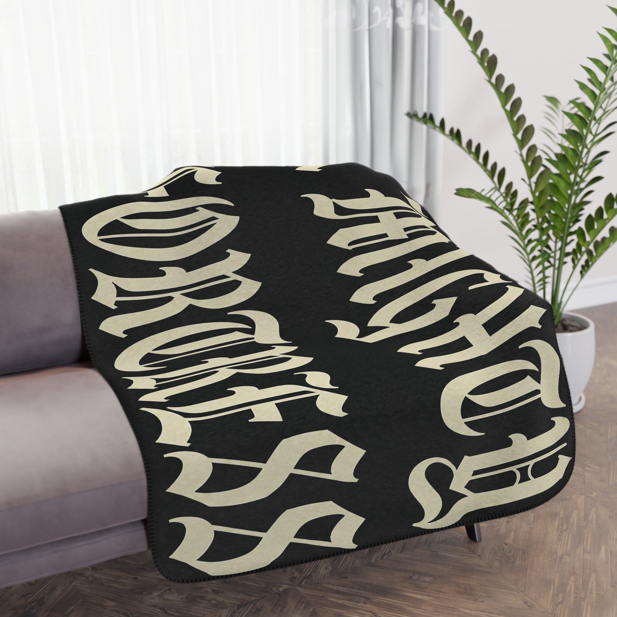 A Mighty Fortress Sherpa Blanket | Tan Plush Throw, Gothic Text Design