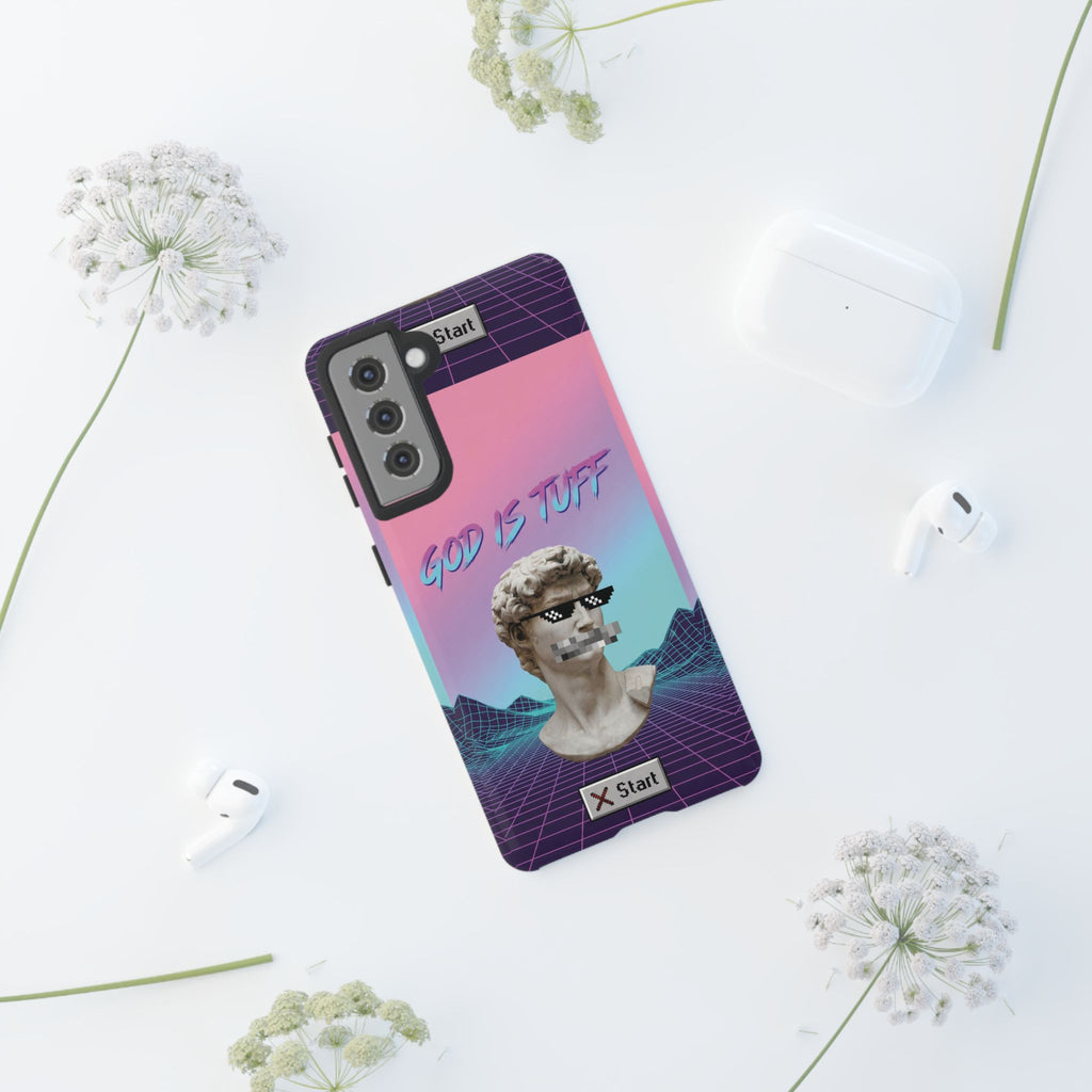 God is Tuff" Vaporwave Christian Phone Case | Aesthetic Statue with Pixel Shades, Retro 80s 90s Synthwave Grid, Gen Z Faith Gift