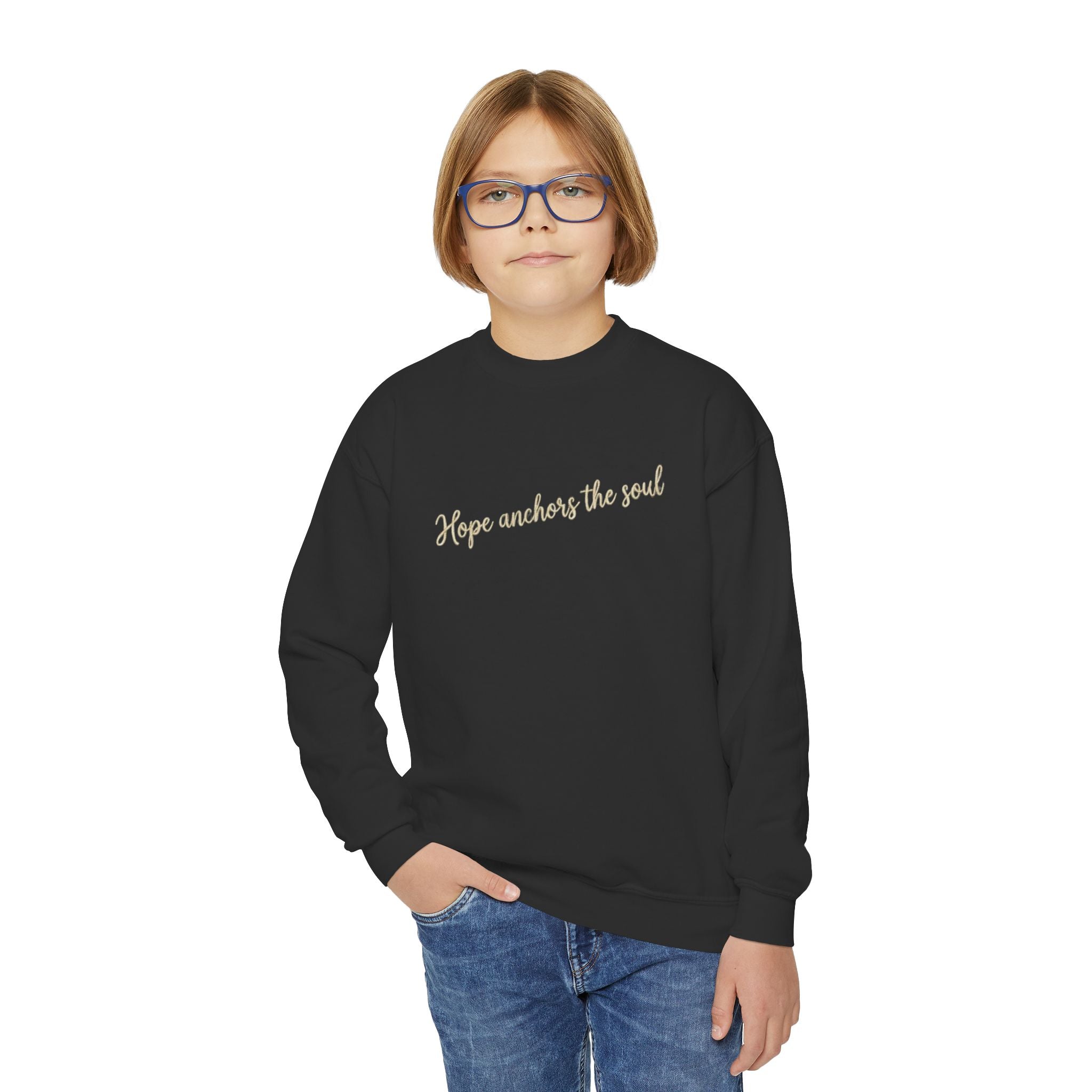 Hope Anchors the Soul Youth Crewneck Sweatshirt, Embroidered Christian Kids Pullover, Minimal Faith Sweater, Teen Gift