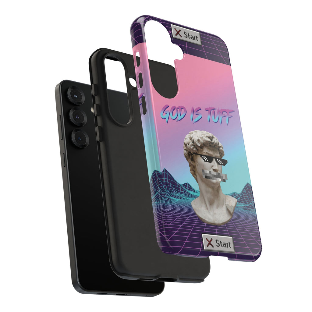God is Tuff" Vaporwave Christian Phone Case | Aesthetic Statue with Pixel Shades, Retro 80s 90s Synthwave Grid, Gen Z Faith Gift