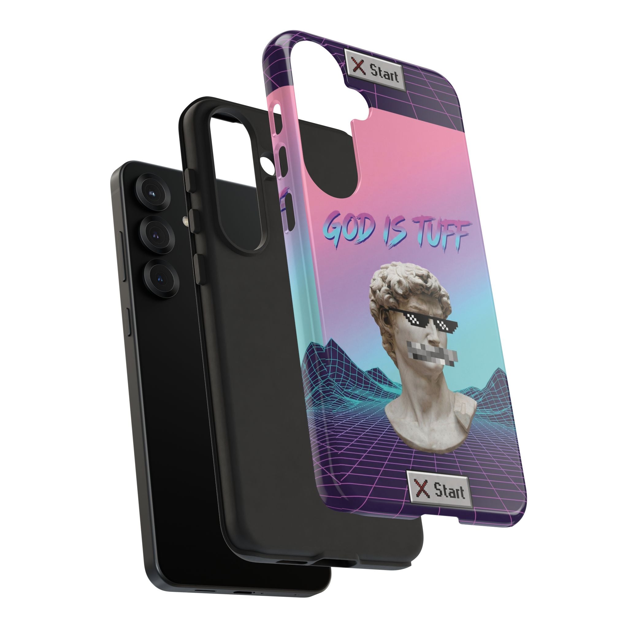 God is Tuff" Vaporwave Christian Phone Case | Aesthetic Statue with Pixel Shades, Retro 80s 90s Synthwave Grid, Gen Z Faith Gift