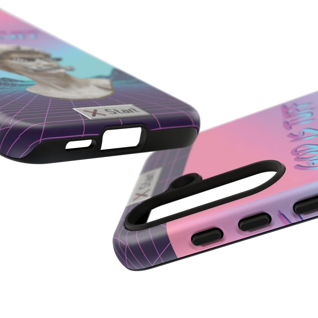 God is Tuff" Vaporwave Christian Phone Case | Aesthetic Statue with Pixel Shades, Retro 80s 90s Synthwave Grid, Gen Z Faith Gift