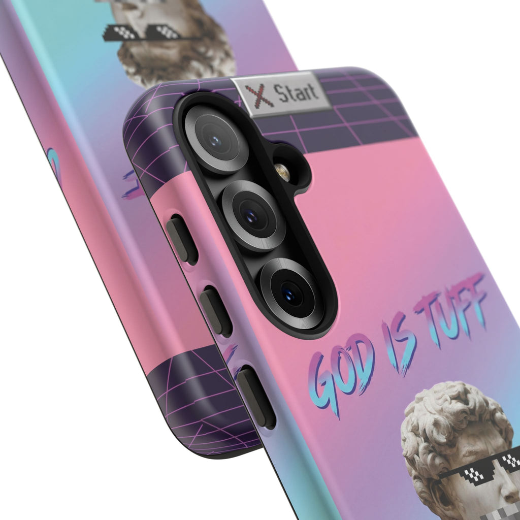 God is Tuff" Vaporwave Christian Phone Case | Aesthetic Statue with Pixel Shades, Retro 80s 90s Synthwave Grid, Gen Z Faith Gift