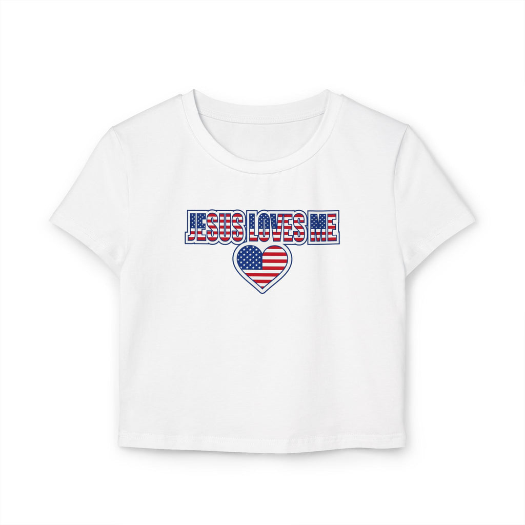 Jesus Loves Me Baby Tee, Patriotic Christian Crop Top, American Flag Heart Faith Shirt