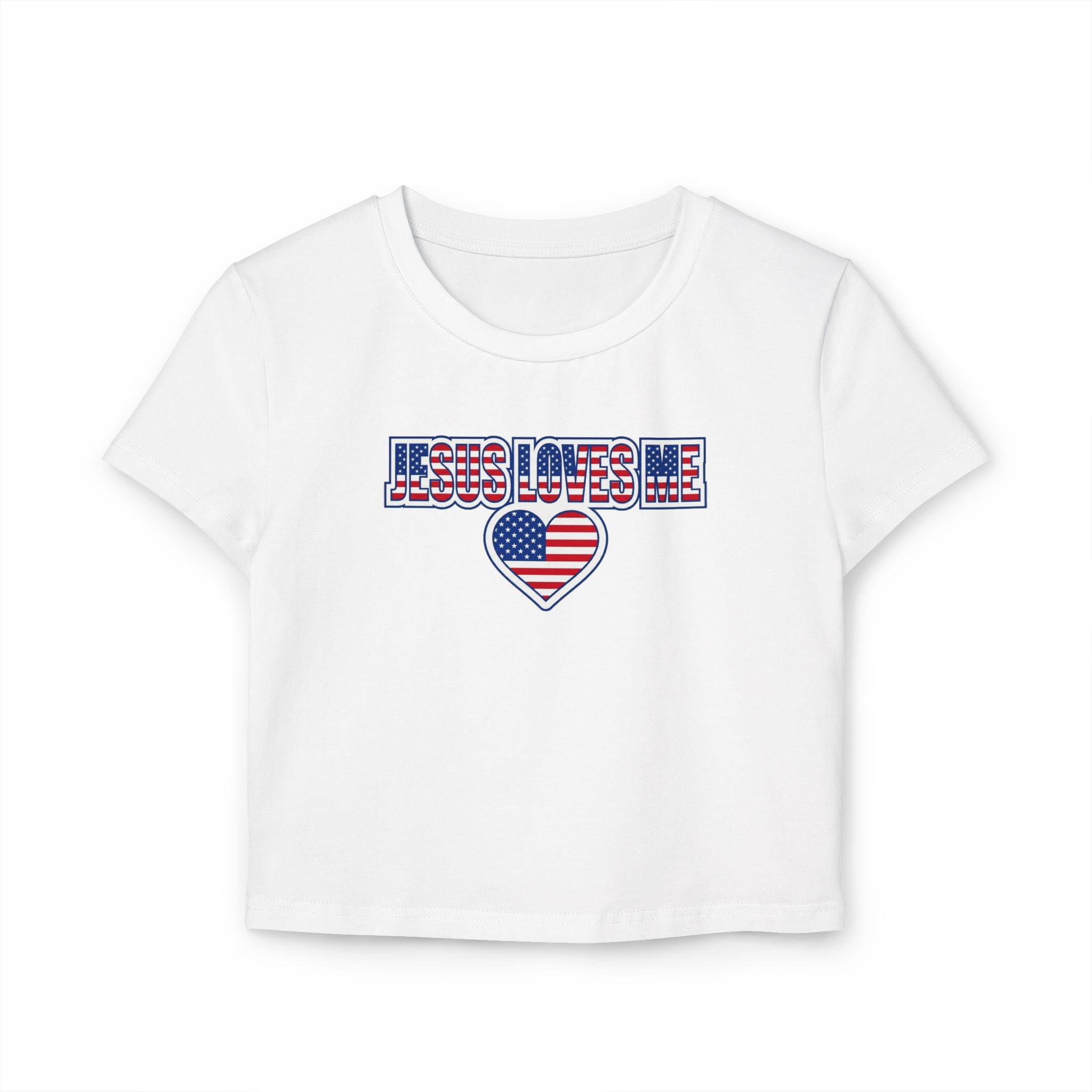 Jesus Loves Me Baby Tee, Patriotic Christian Crop Top, American Flag Heart Faith Shirt
