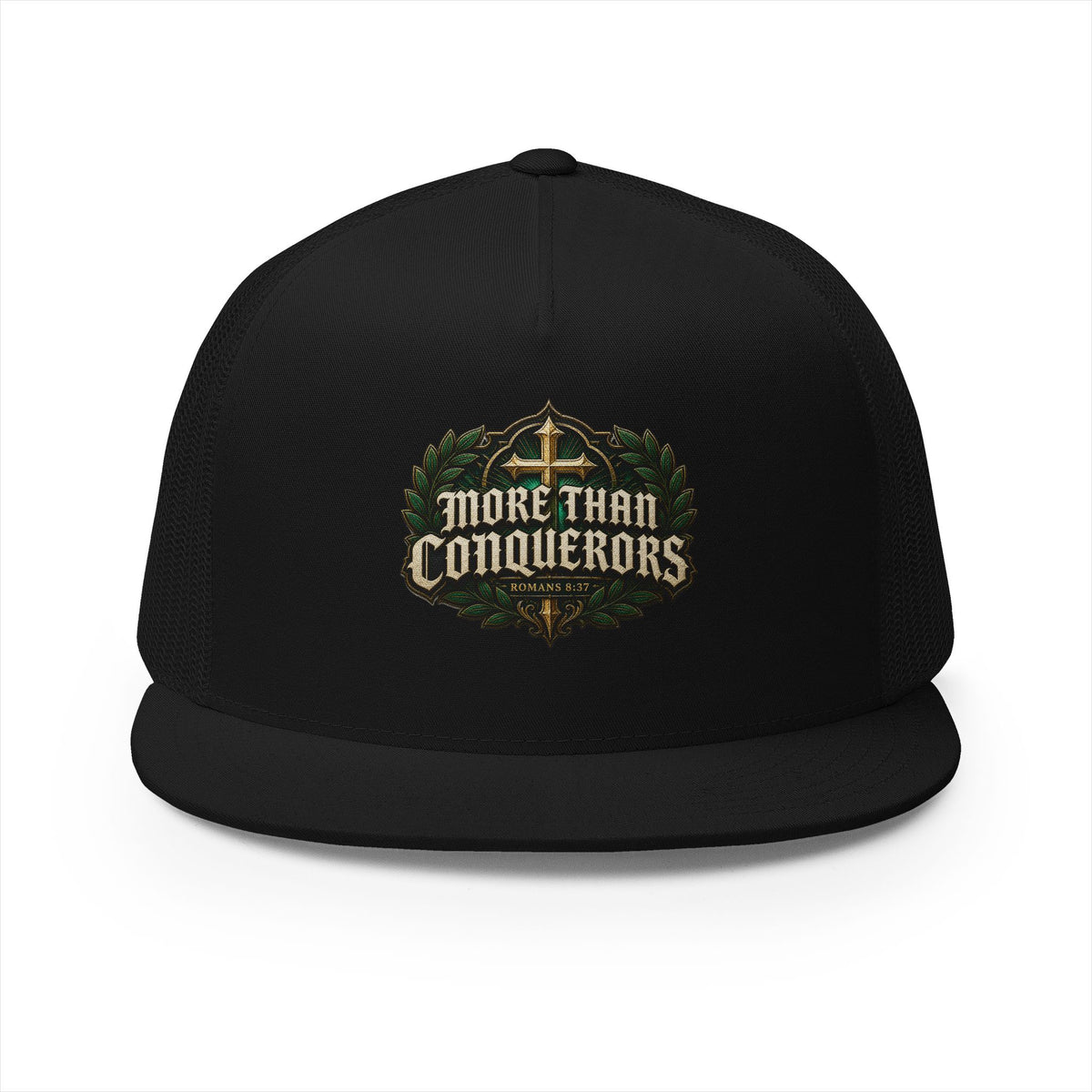 MORE THAN CONQUERORS Printed Christian 5-Panel Trucker Cap