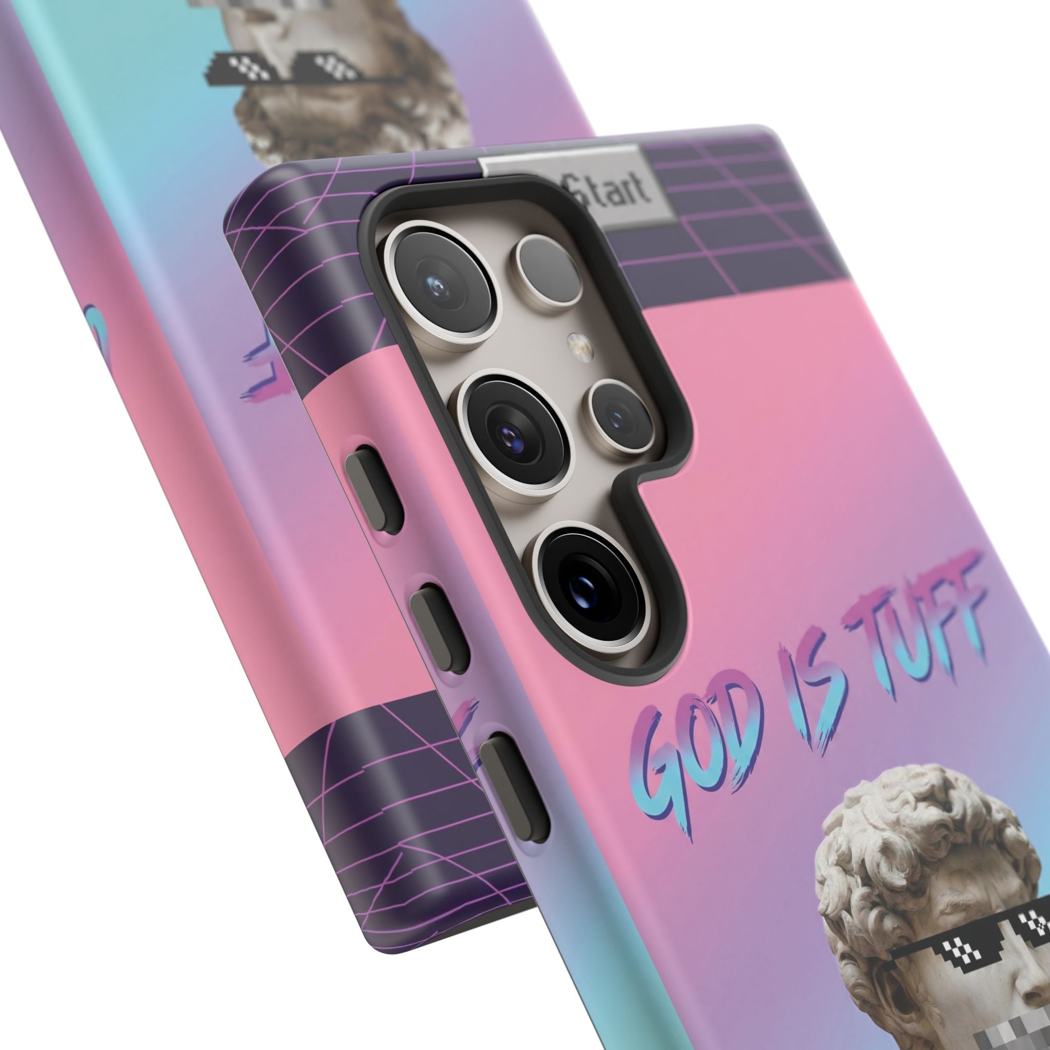 God is Tuff" Vaporwave Christian Phone Case | Aesthetic Statue with Pixel Shades, Retro 80s 90s Synthwave Grid, Gen Z Faith Gift