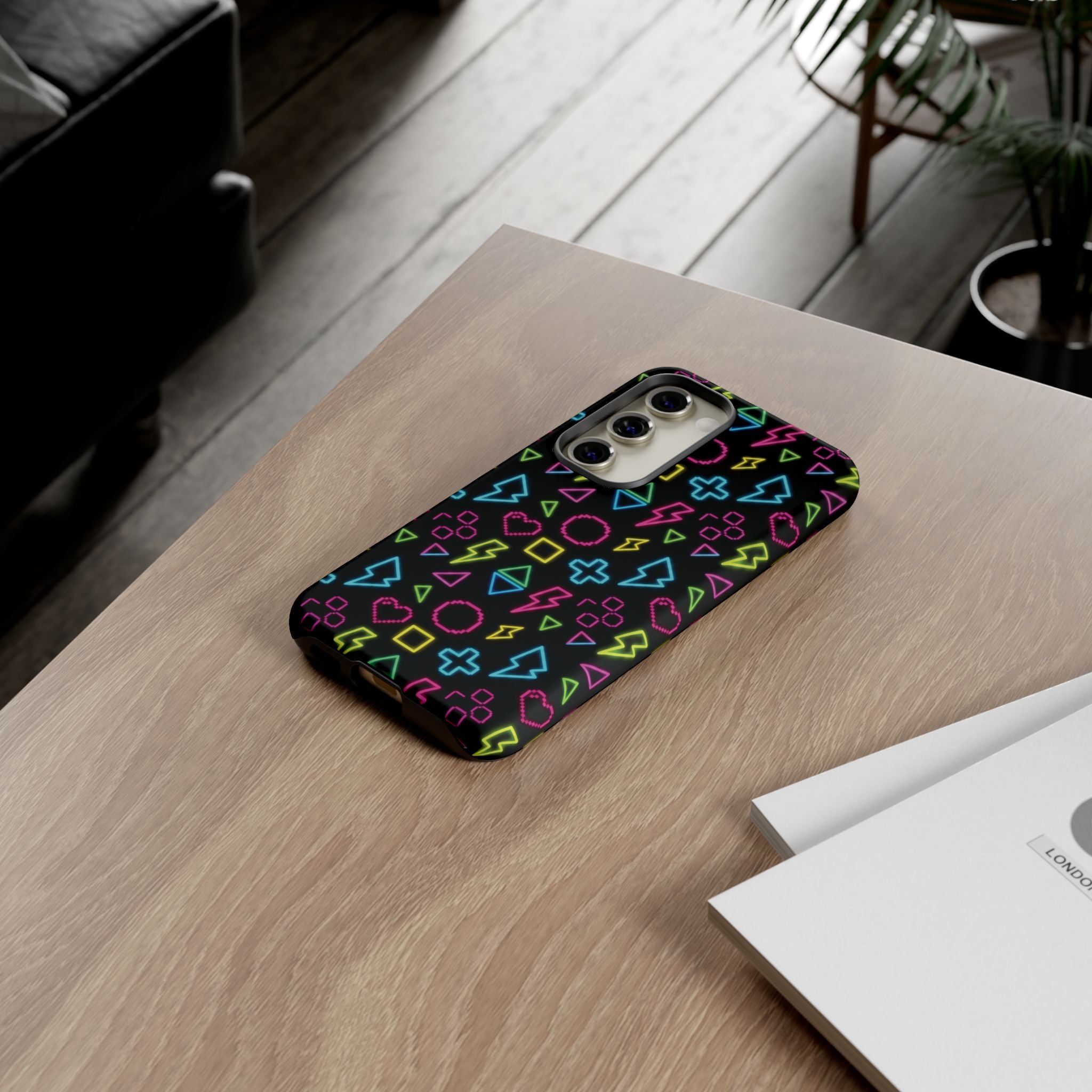 Electric Savior" Retro 90s Christian Phone Case | Neon Synthwave Pixel Art, Lightning Cross & Geometric Design, Bold Faith Gift