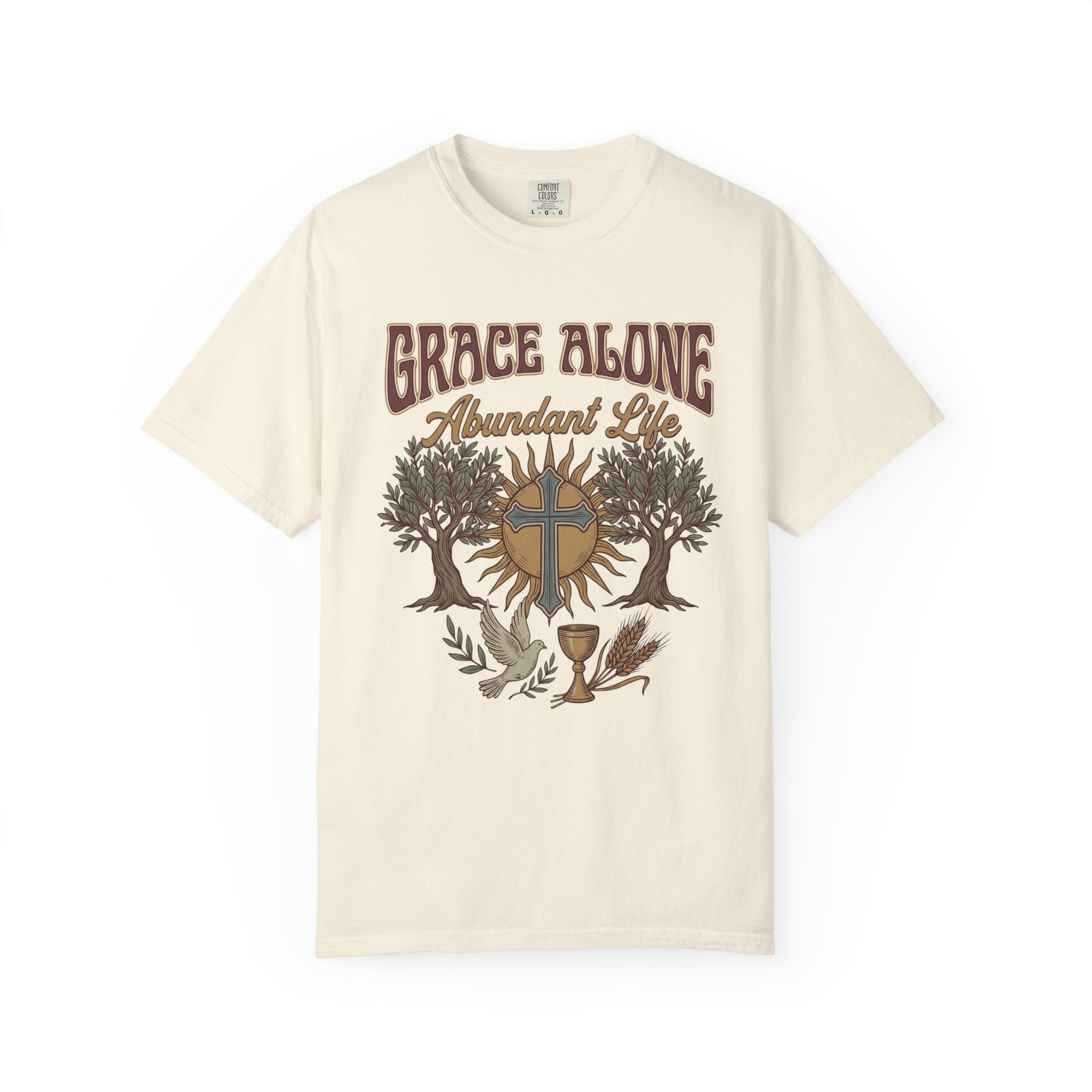 Grace Alone Abundant Life T-shirt | Christian cross, chalice, olive trees
