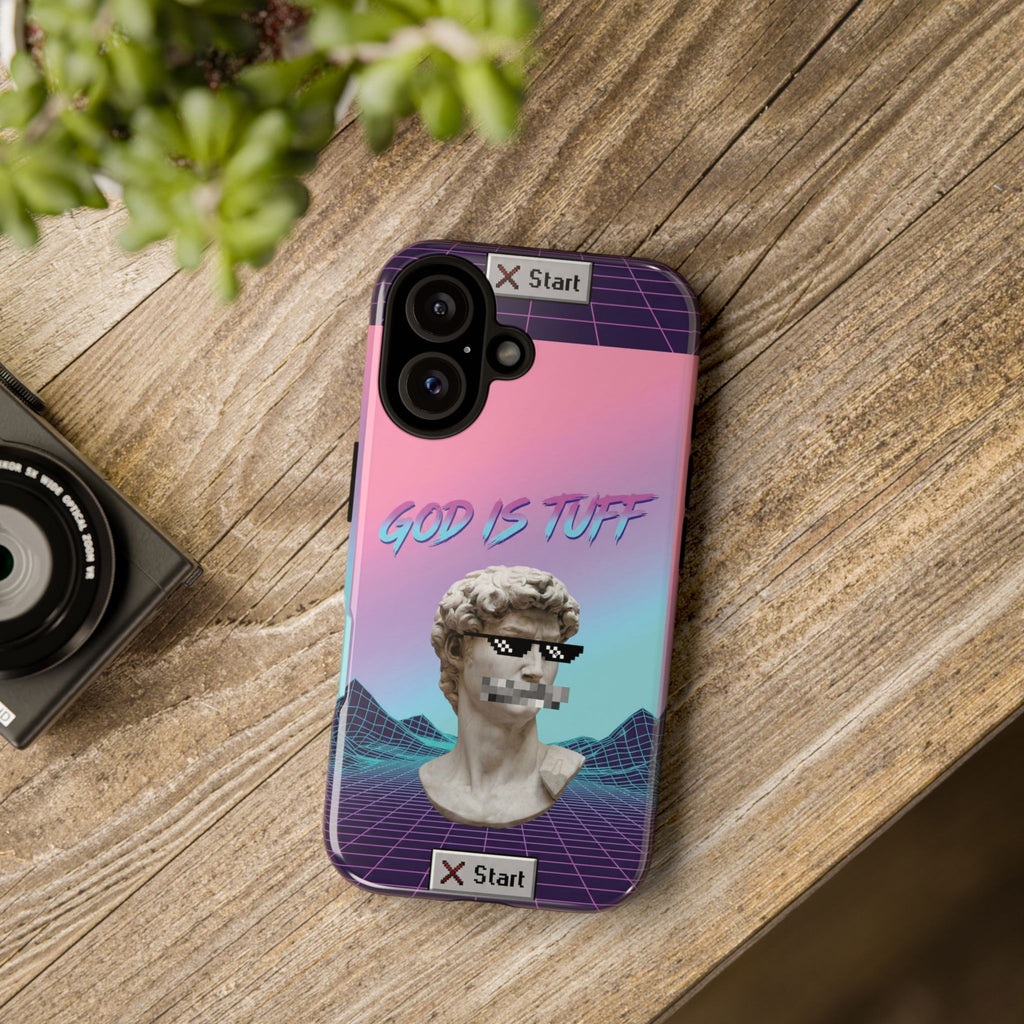 God is Tuff" Vaporwave Christian Phone Case | Aesthetic Statue with Pixel Shades, Retro 80s 90s Synthwave Grid, Gen Z Faith Gift