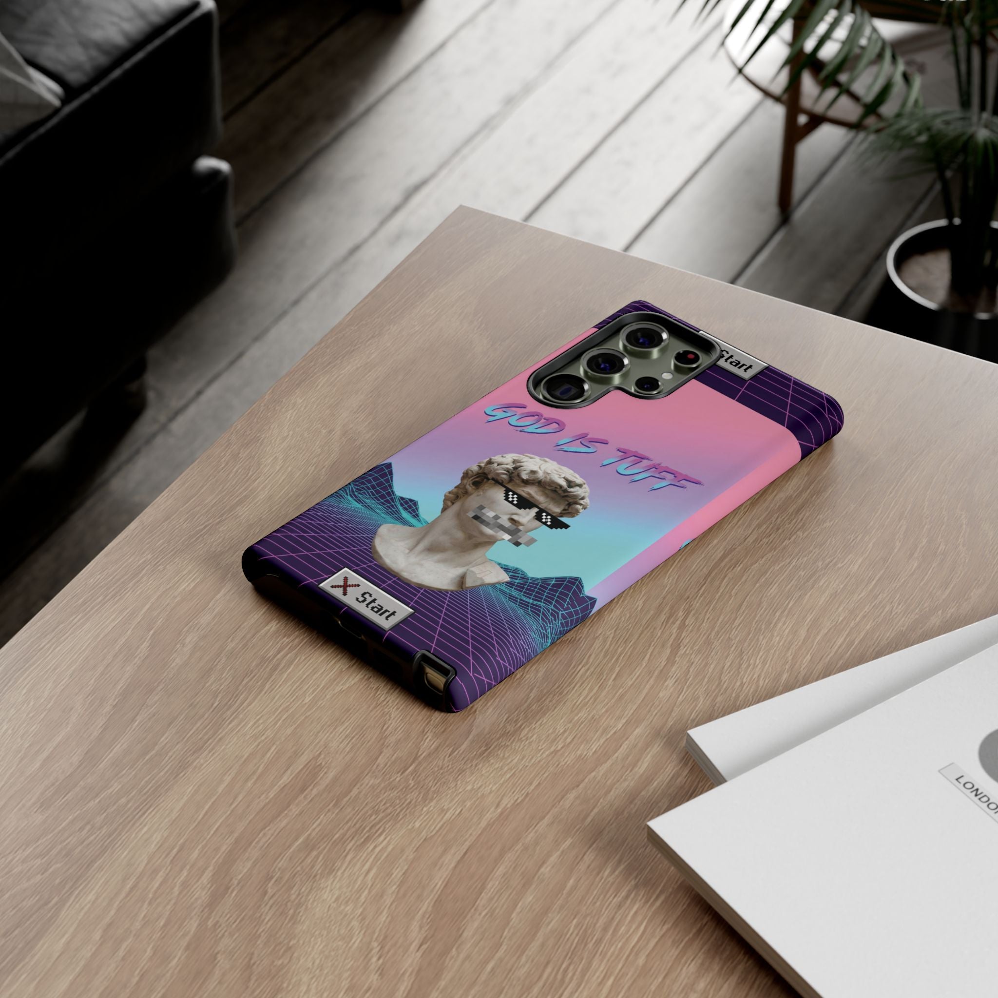 God is Tuff" Vaporwave Christian Phone Case | Aesthetic Statue with Pixel Shades, Retro 80s 90s Synthwave Grid, Gen Z Faith Gift