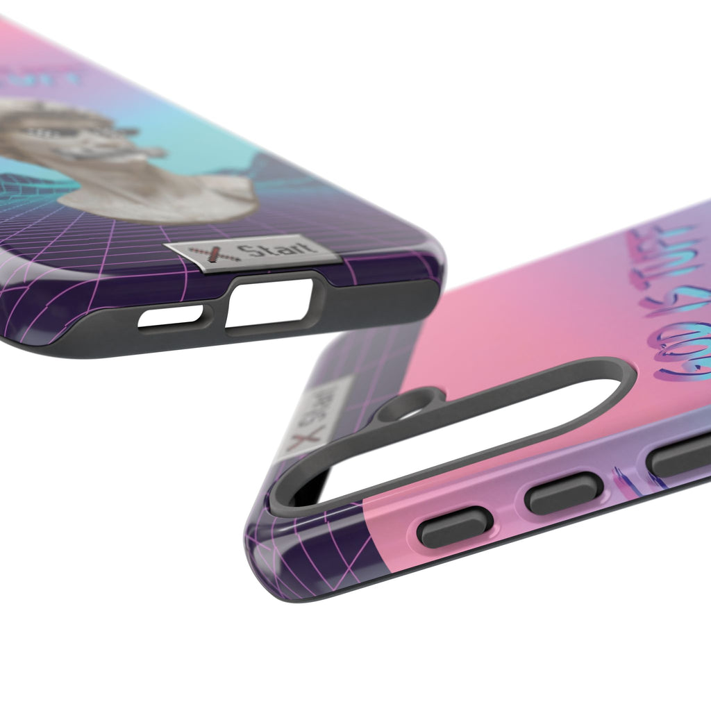 God is Tuff" Vaporwave Christian Phone Case | Aesthetic Statue with Pixel Shades, Retro 80s 90s Synthwave Grid, Gen Z Faith Gift