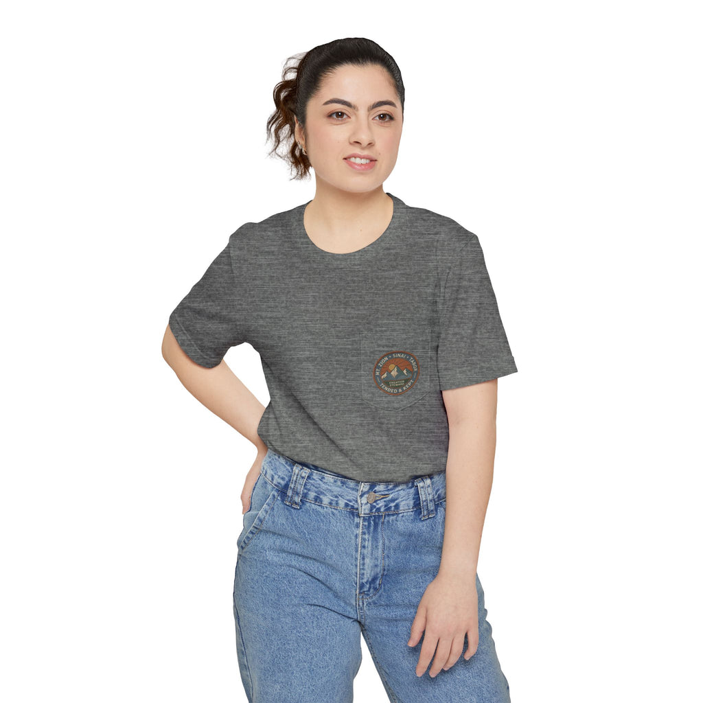 Christian Hiking Pocket Tee, Tended and Kept Badge Shirt, Creation Steward Graphic, Mt Zion Sinai Tabor, National Park Style Tee