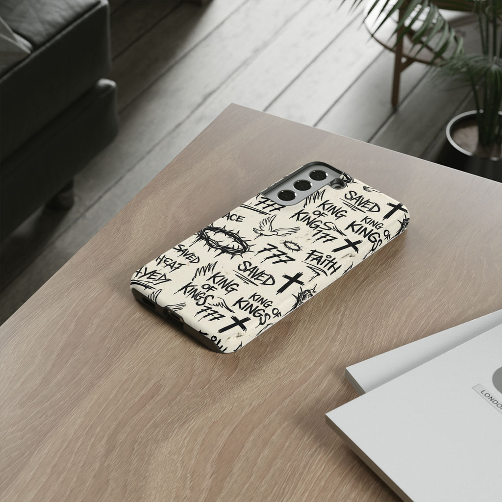 Christian Graffiti Phone Case | "Saved" & "King of Kings" Doodle Art, Urban Streetwear Faith Cover, Modern Religious Sketch Design