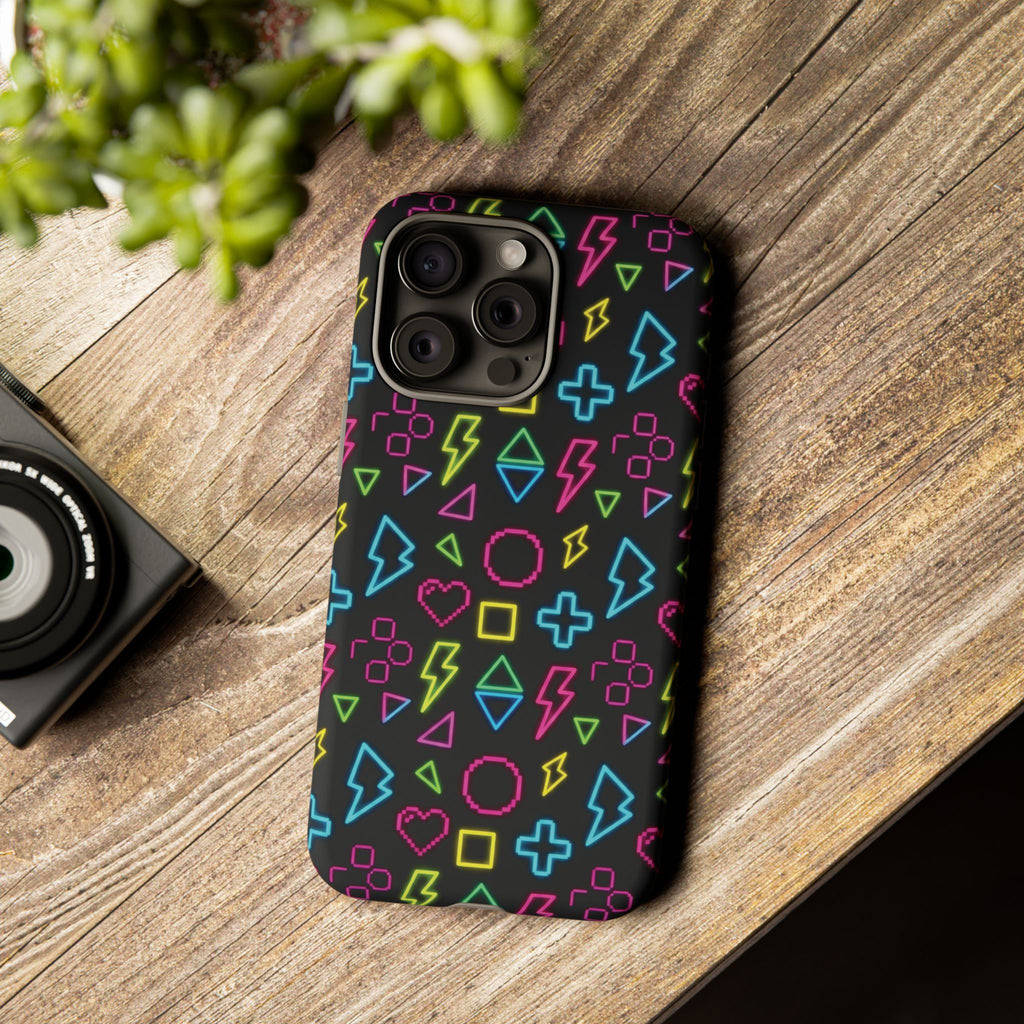 Electric Savior" Retro 90s Christian Phone Case | Neon Synthwave Pixel Art, Lightning Cross & Geometric Design, Bold Faith Gift