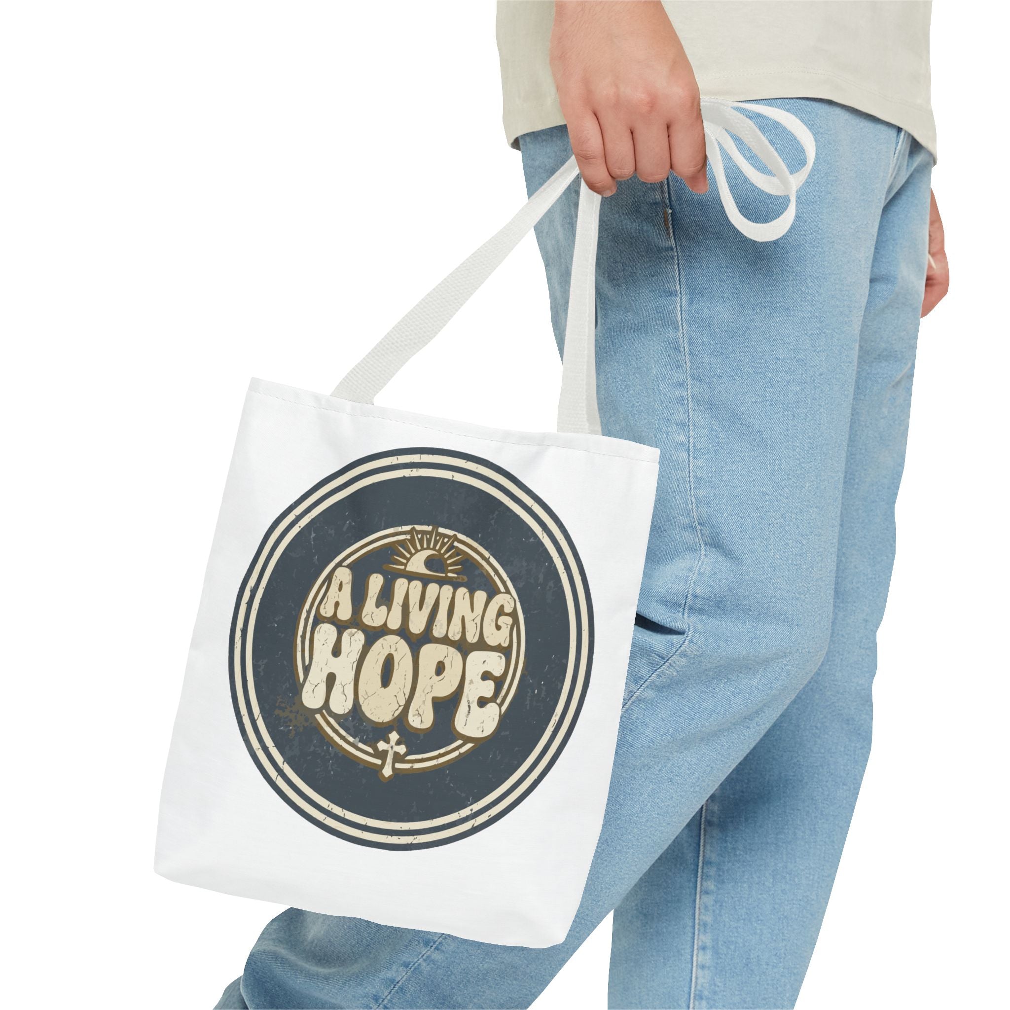 A Living Hope round emblem Tote Bag | Inspirational faith design