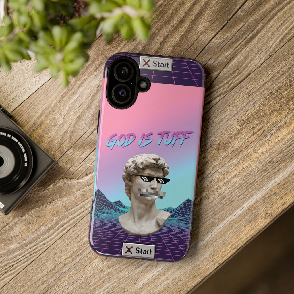 God is Tuff" Vaporwave Christian Phone Case | Aesthetic Statue with Pixel Shades, Retro 80s 90s Synthwave Grid, Gen Z Faith Gift