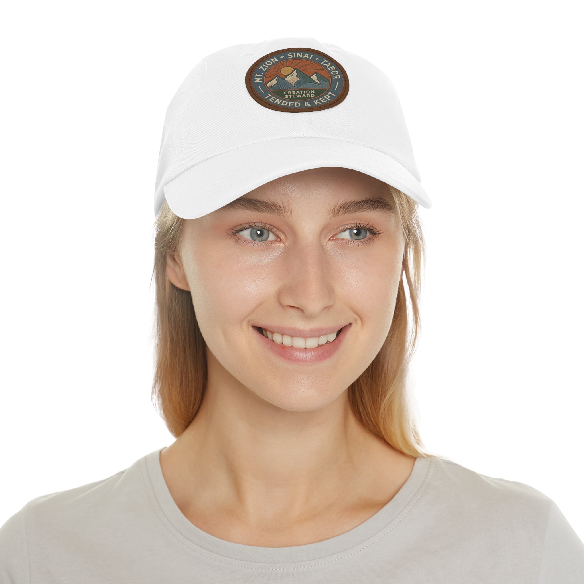 Leather Patch Dad Hat, Christian Mountain Cap, Genesis 2 15 Tended and Kept, Creation Care Outdoor Hat, Gift For Him
