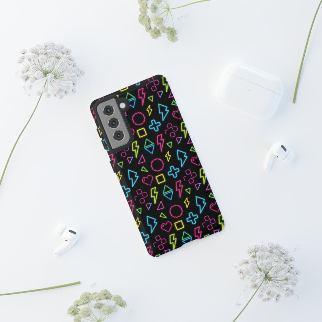 Electric Savior" Retro 90s Christian Phone Case | Neon Synthwave Pixel Art, Lightning Cross & Geometric Design, Bold Faith Gift