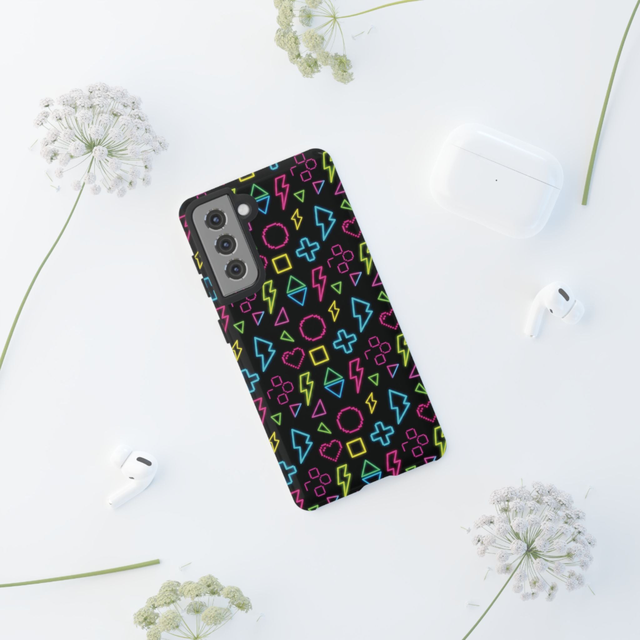 Electric Savior" Retro 90s Christian Phone Case | Neon Synthwave Pixel Art, Lightning Cross & Geometric Design, Bold Faith Gift