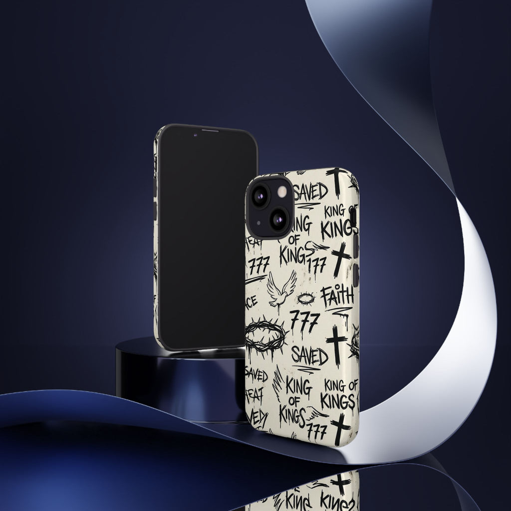 Christian Graffiti Phone Case | "Saved" & "King of Kings" Doodle Art, Urban Streetwear Faith Cover, Modern Religious Sketch Design