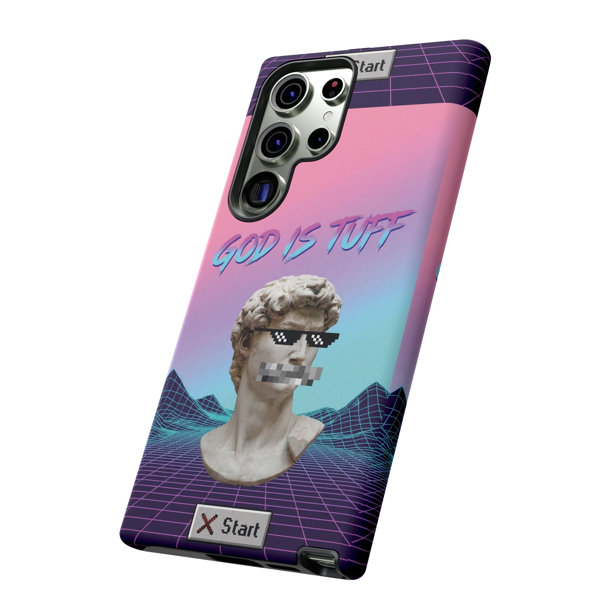God is Tuff" Vaporwave Christian Phone Case | Aesthetic Statue with Pixel Shades, Retro 80s 90s Synthwave Grid, Gen Z Faith Gift