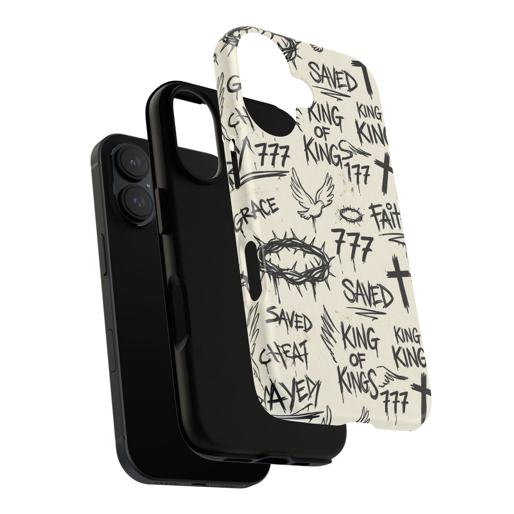 Christian Graffiti Phone Case | "Saved" & "King of Kings" Doodle Art, Urban Streetwear Faith Cover, Modern Religious Sketch Design