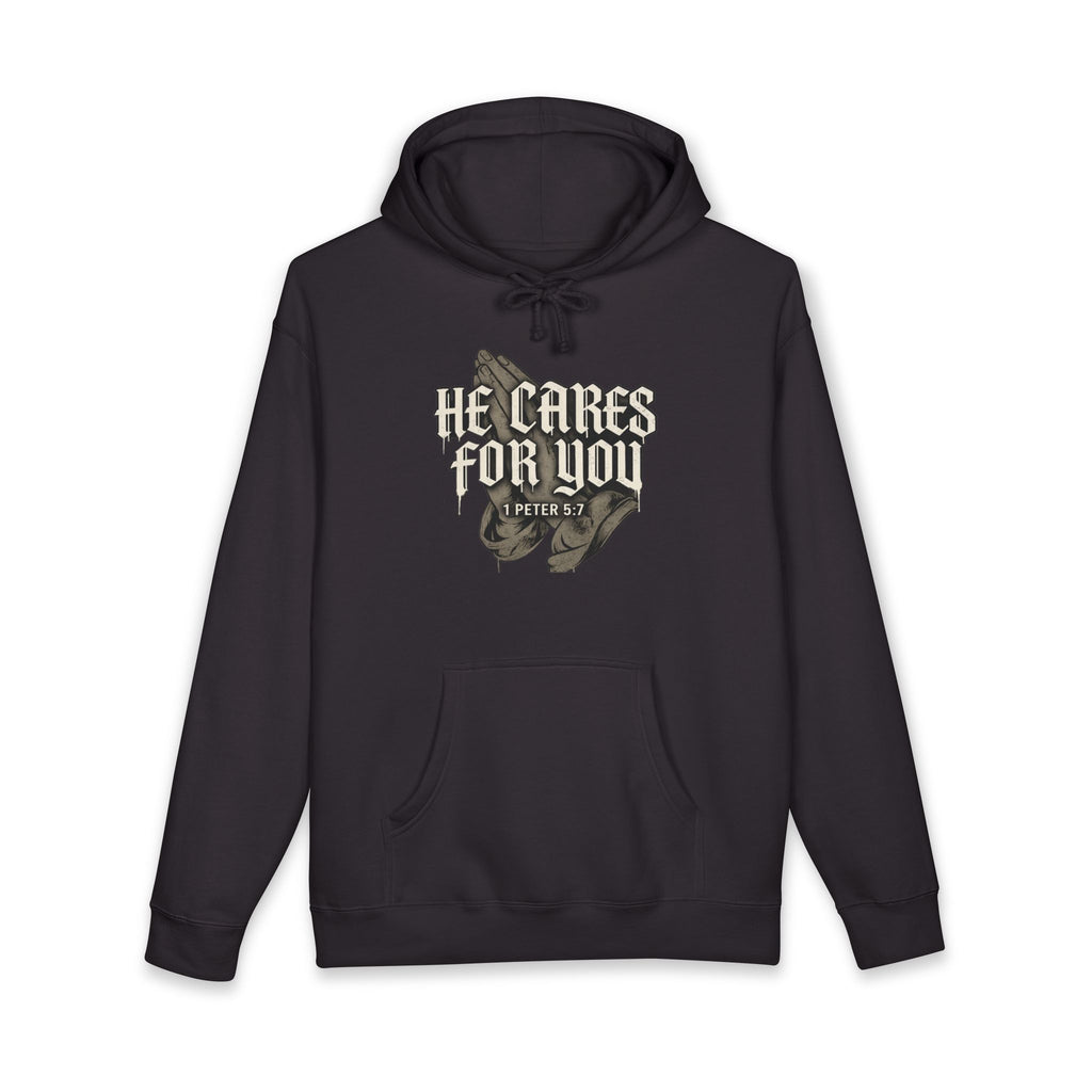 HE CARES FOR YOU Christian Hoodie, 1 Peter 5:7 Bible Verse, Faith Streetwear, Gift for Christian, ArmorNGlory
