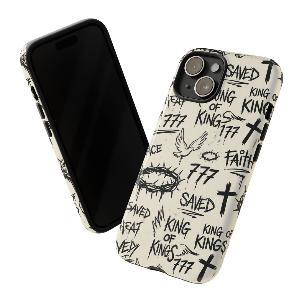 Christian Graffiti Phone Case | "Saved" & "King of Kings" Doodle Art, Urban Streetwear Faith Cover, Modern Religious Sketch Design