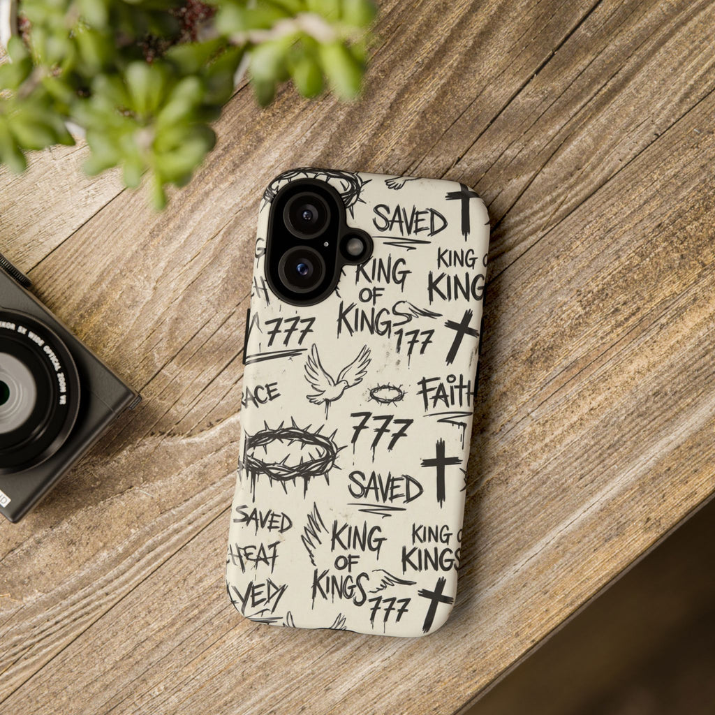 Christian Graffiti Phone Case | "Saved" & "King of Kings" Doodle Art, Urban Streetwear Faith Cover, Modern Religious Sketch Design