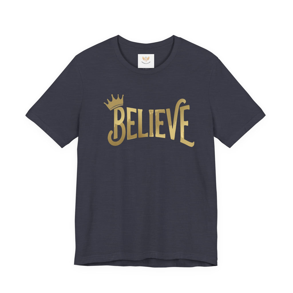 Believe Crown Christian Shirt with hand lettered BELIEVE and a small crown. A soft unisex jersey tee that keeps faith simple, modern, and wearable. Perfect as an encouragement gift or an everyday reminder to keep trusting God.
