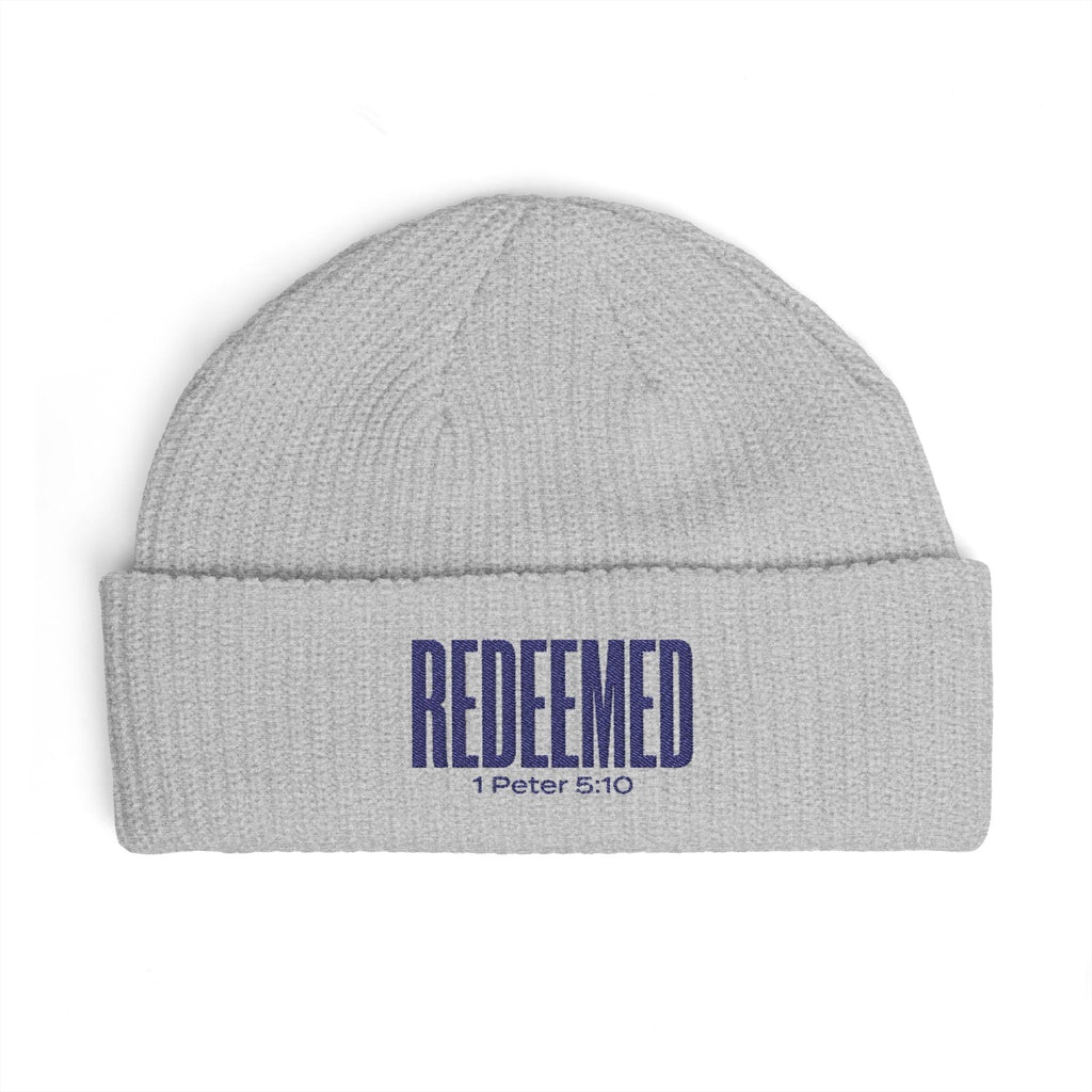 Redeemed Beanie, Embroidered Christian Cuff Beanie, 1 Peter 5:10 Scripture Hat, Winter Knit Cap, Faith Gift