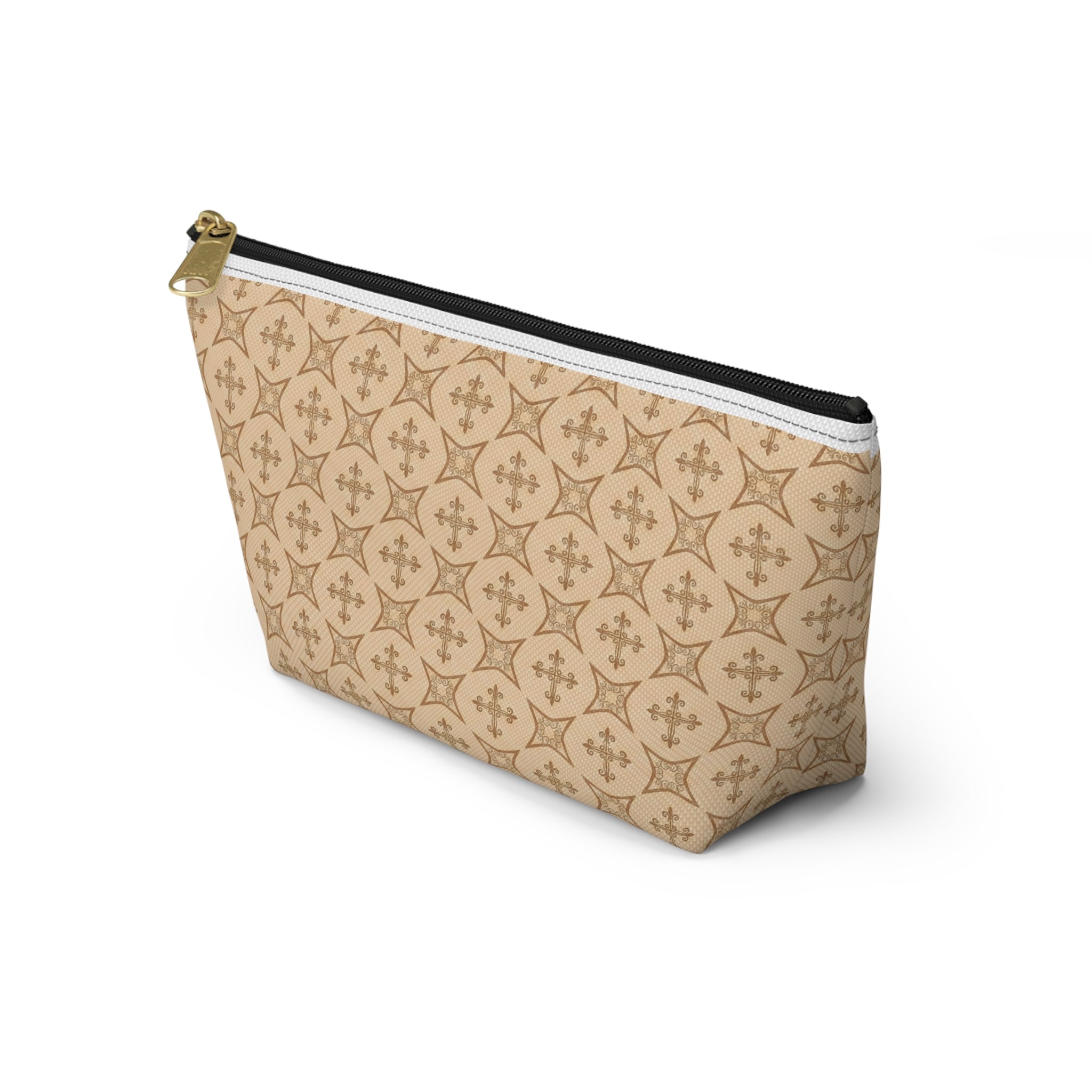 Nail Tech Makeup Bag for Press On Nails, Neutral Cross Pattern Cosmetic Pouch, Christian Travel Toiletry Bag, Faith Gift for Her