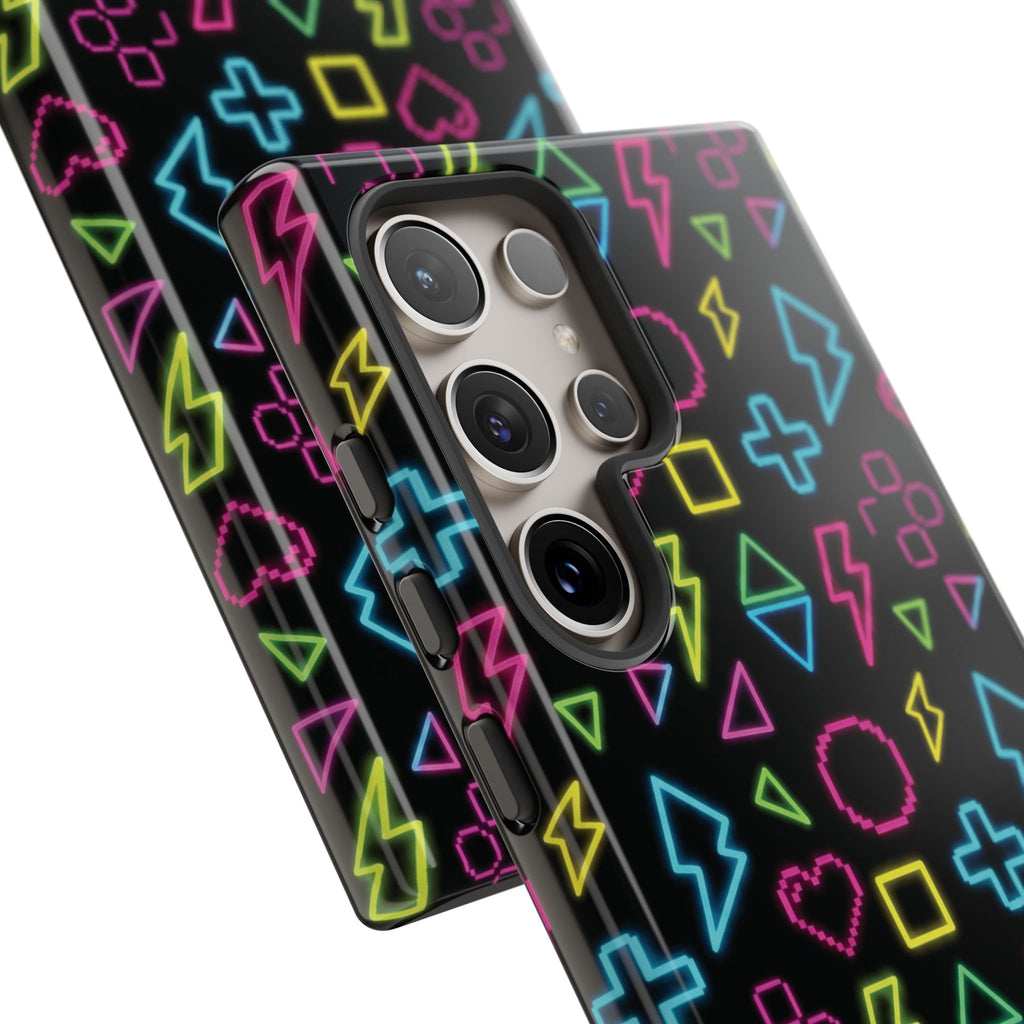 Electric Savior" Retro 90s Christian Phone Case | Neon Synthwave Pixel Art, Lightning Cross & Geometric Design, Bold Faith Gift