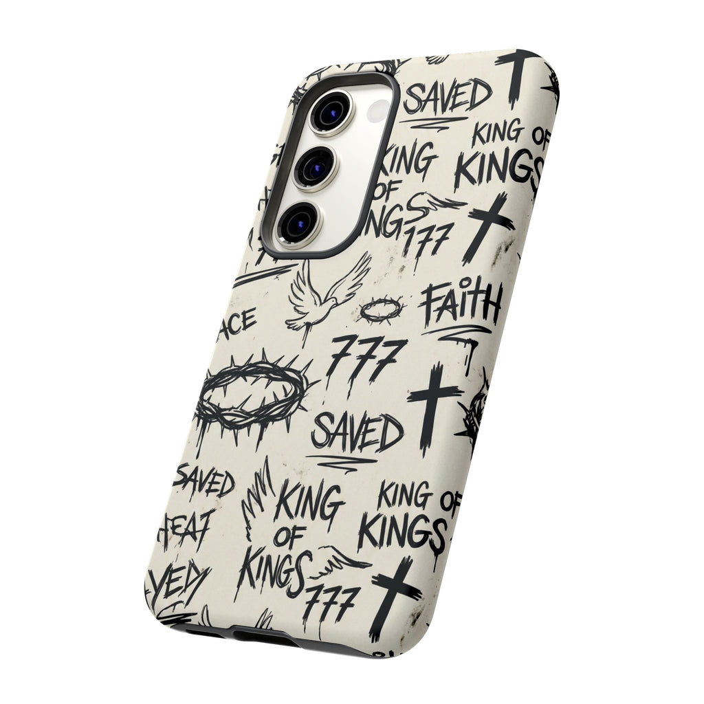 Christian Graffiti Phone Case | "Saved" & "King of Kings" Doodle Art, Urban Streetwear Faith Cover, Modern Religious Sketch Design