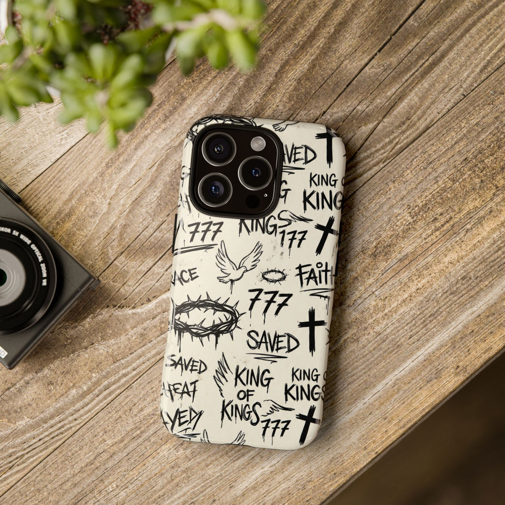 Christian Graffiti Phone Case | "Saved" & "King of Kings" Doodle Art, Urban Streetwear Faith Cover, Modern Religious Sketch Design