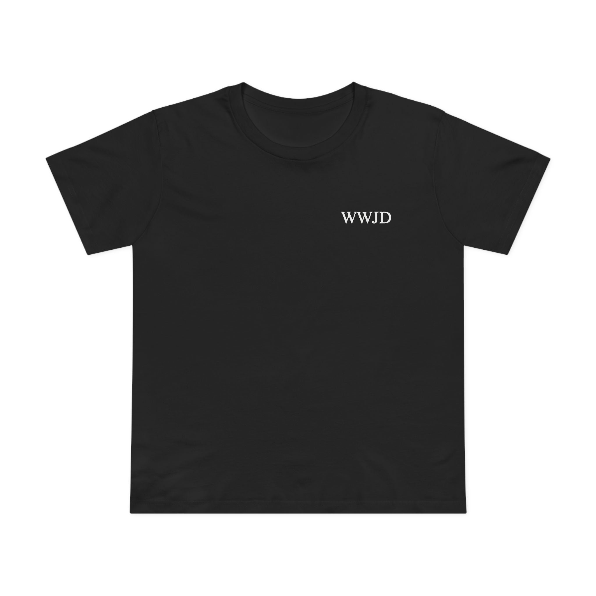 WWJD chest print T-Shirt | 1 John 2:6 scripture back