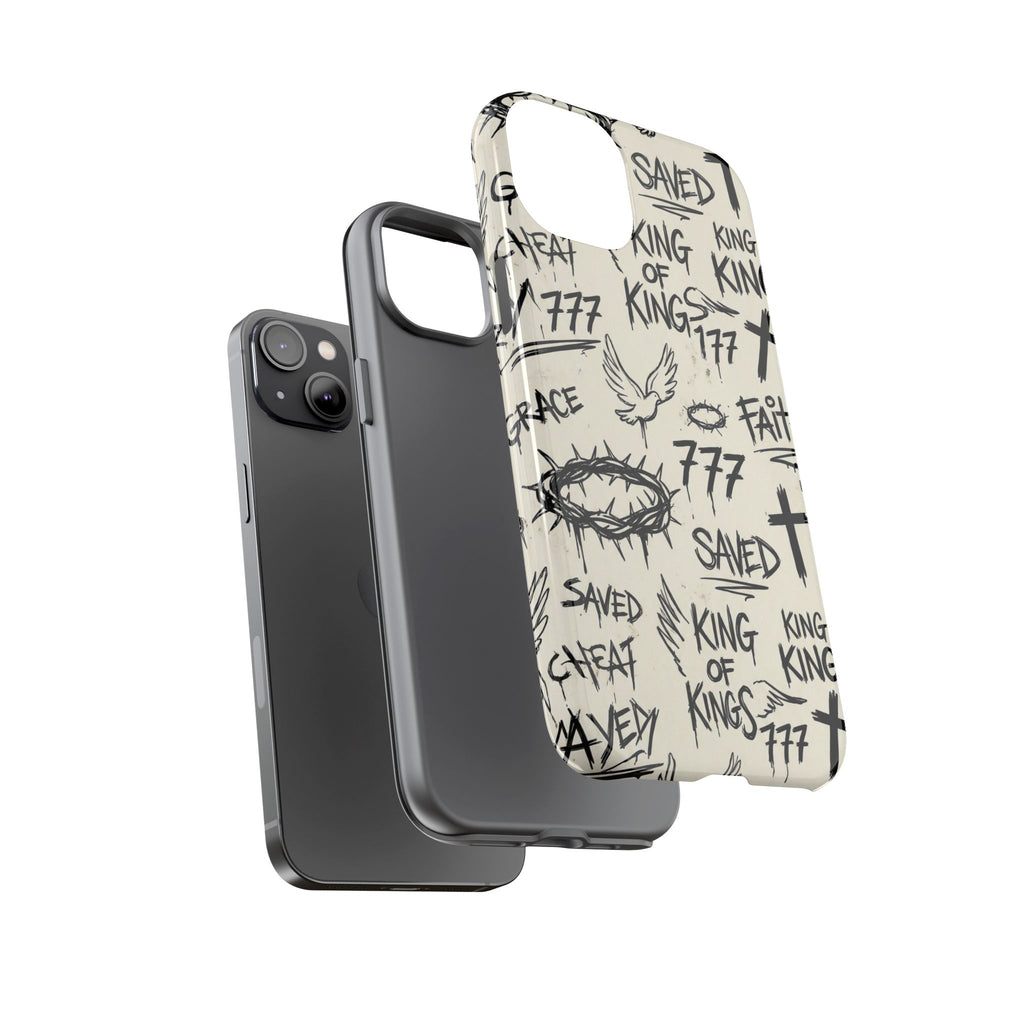 Christian Graffiti Phone Case | "Saved" & "King of Kings" Doodle Art, Urban Streetwear Faith Cover, Modern Religious Sketch Design