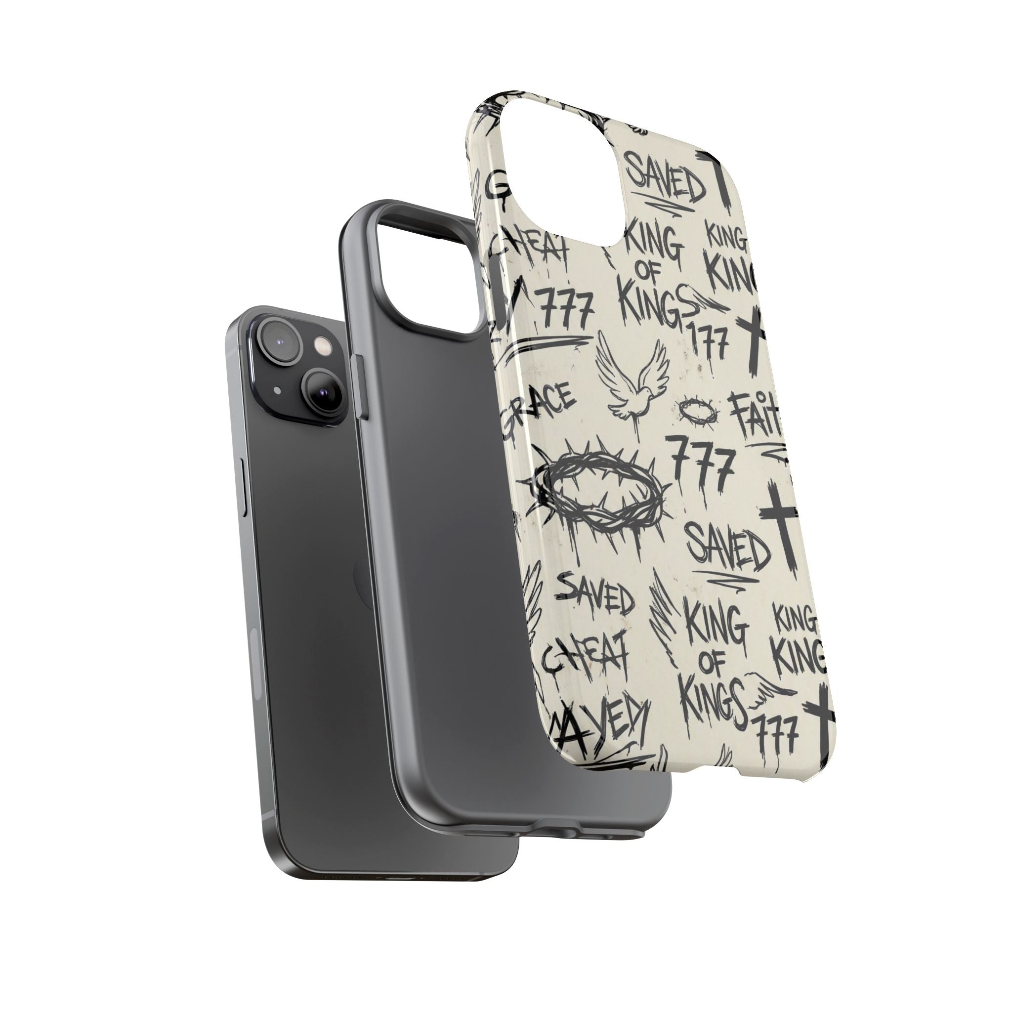 Christian Graffiti Phone Case | "Saved" & "King of Kings" Doodle Art, Urban Streetwear Faith Cover, Modern Religious Sketch Design
