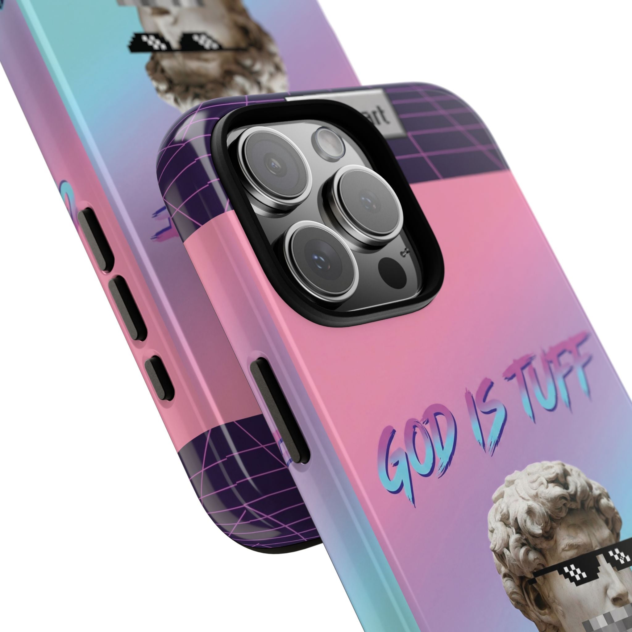 God is Tuff" Vaporwave Christian Phone Case | Aesthetic Statue with Pixel Shades, Retro 80s 90s Synthwave Grid, Gen Z Faith Gift