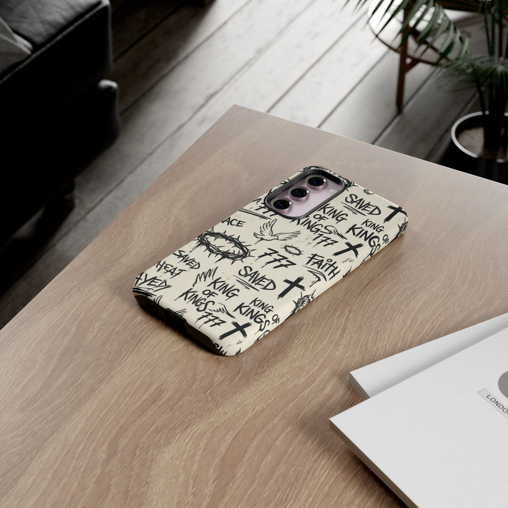 Christian Graffiti Phone Case | "Saved" & "King of Kings" Doodle Art, Urban Streetwear Faith Cover, Modern Religious Sketch Design