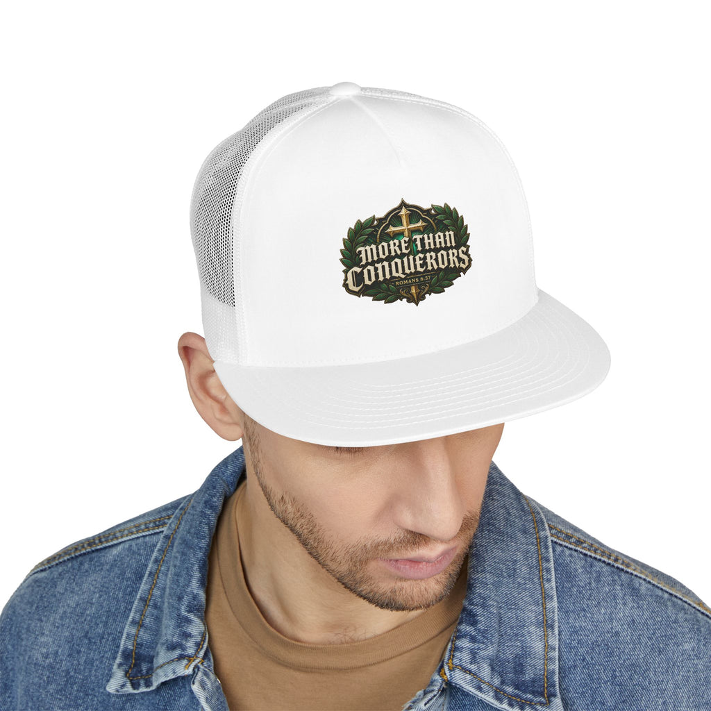 MORE THAN CONQUERORS Printed Christian 5-Panel Trucker Cap