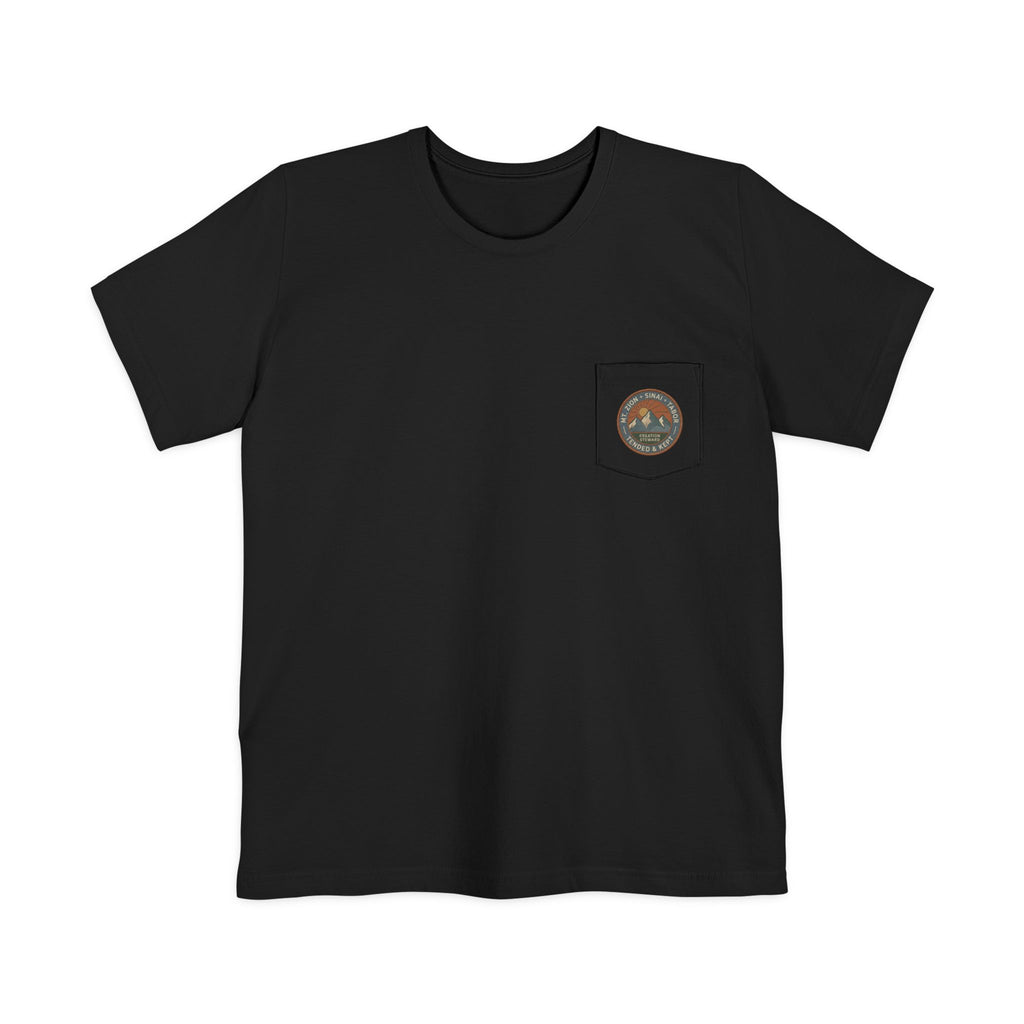 Christian Hiking Pocket Tee, Tended and Kept Badge Shirt, Creation Steward Graphic, Mt Zion Sinai Tabor, National Park Style Tee