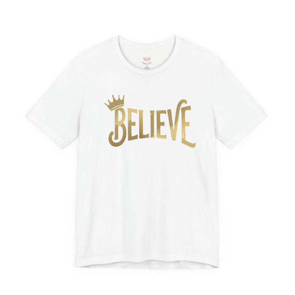 Believe Crown Christian Shirt with hand lettered BELIEVE and a small crown. A soft unisex jersey tee that keeps faith simple, modern, and wearable. Perfect as an encouragement gift or an everyday reminder to keep trusting God.